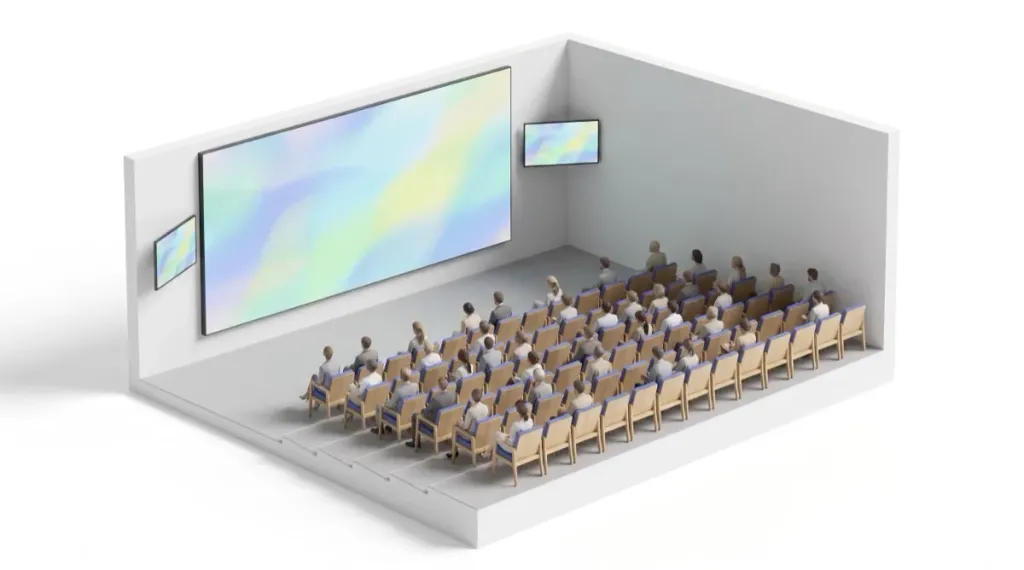 Cutaway render of a town hall auditorium: tiered rows of seats all facing a wide LED video wall, with a relay display on each side wall repeating the same content for the people sitting at the edges.