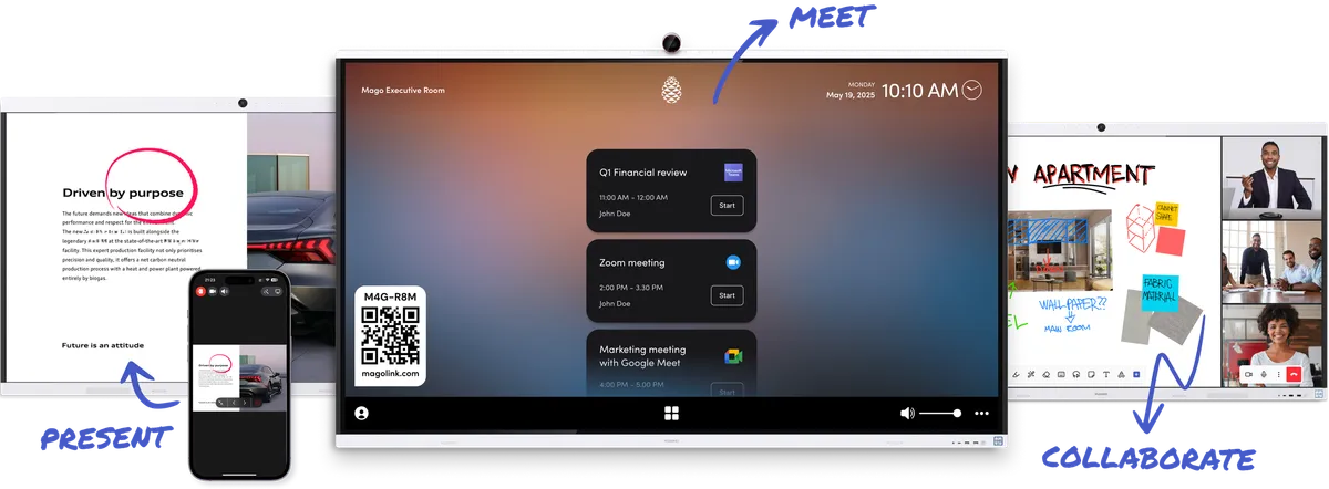 Mago on Huawei IdeaHub: meet, present and collaborate from the room display, a phone and a laptop