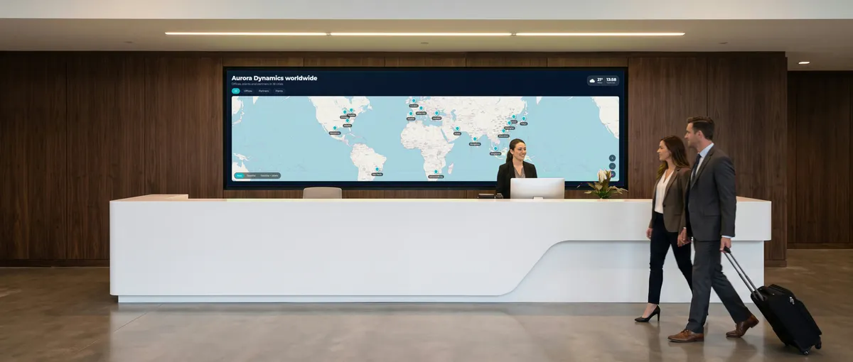A 32:9 LED wall above a reception desk showing a world map with the company's locations.