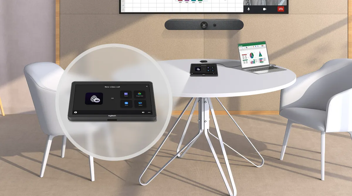 A meeting room with Logitech hardware running Mago