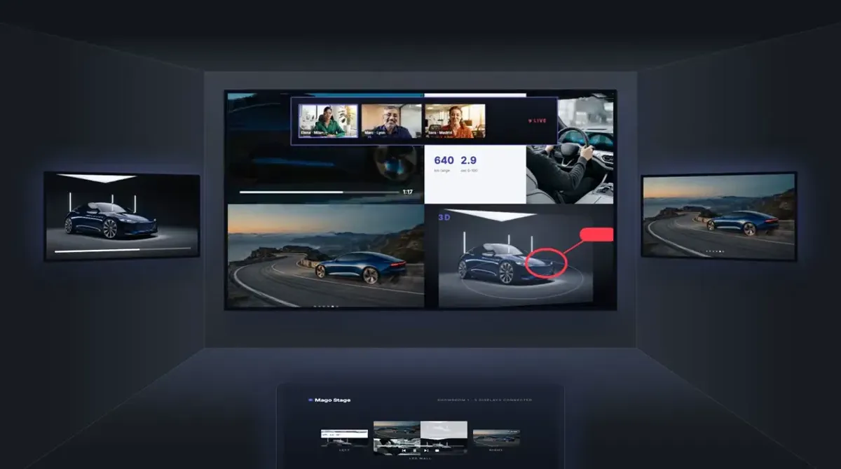 A wide LED wall running several different pieces of content at once, including a live call strip, flanked by two side displays each showing something different again, with the control console along the bottom.