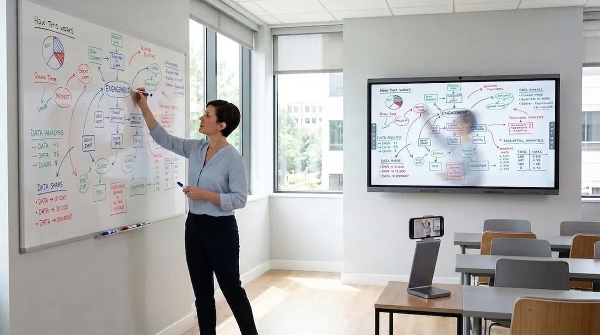 A woman writing a diagram on a real dry-erase wall, and the same diagram already captured on the interactive display beside her.