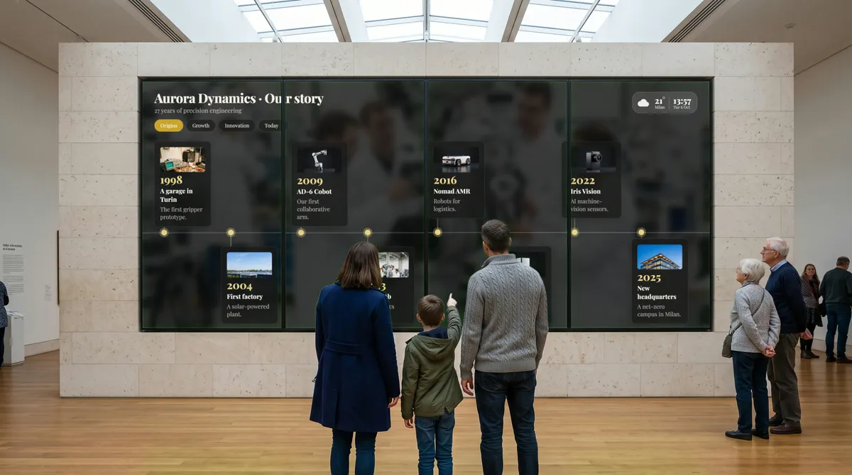 A museum video wall of four portrait panels showing a company timeline, with a family looking at it.