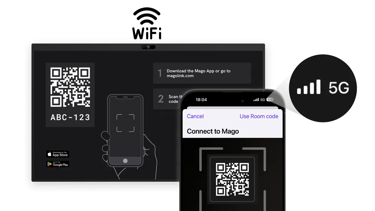A display showing Mago Stage with a phone scanning a QR code via wifi
