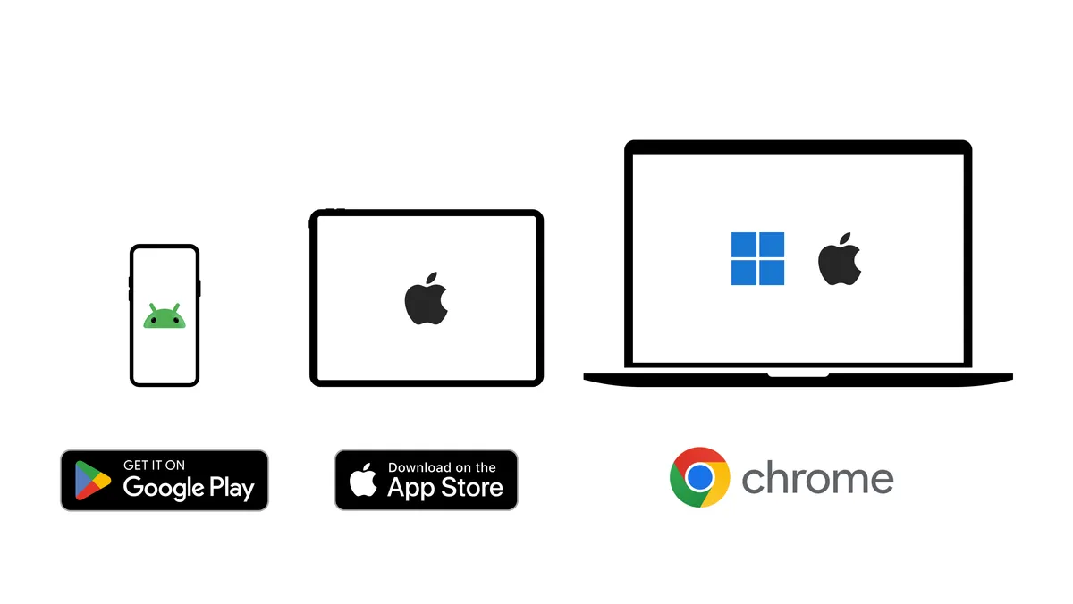 Three icons of a phone, a tablet and a laptop