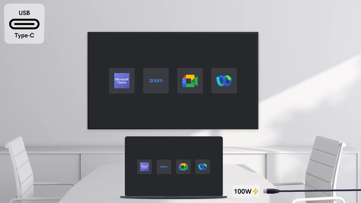 A laptop connected to the room through a single USB-C cable