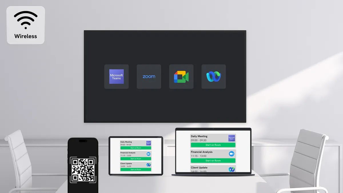 A meeting hosted wirelessly from the room