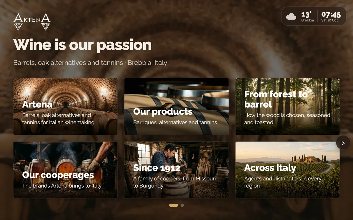 A story created with AI for Artena, a maker of wine barrels and tannins: the logo, the headline "Wine is our passion" and six photo tiles for the company, its products, the forest, the cooperages, its history and its network across Italy.