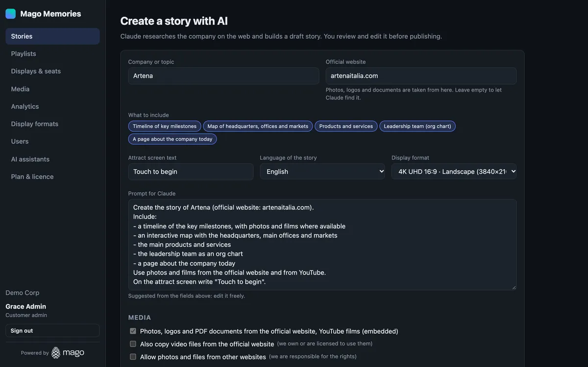 The Create a story with AI form in the console, filled in for Artena: the company and its website, what to include, the attract screen text, the language, the display format and the prompt for Claude.