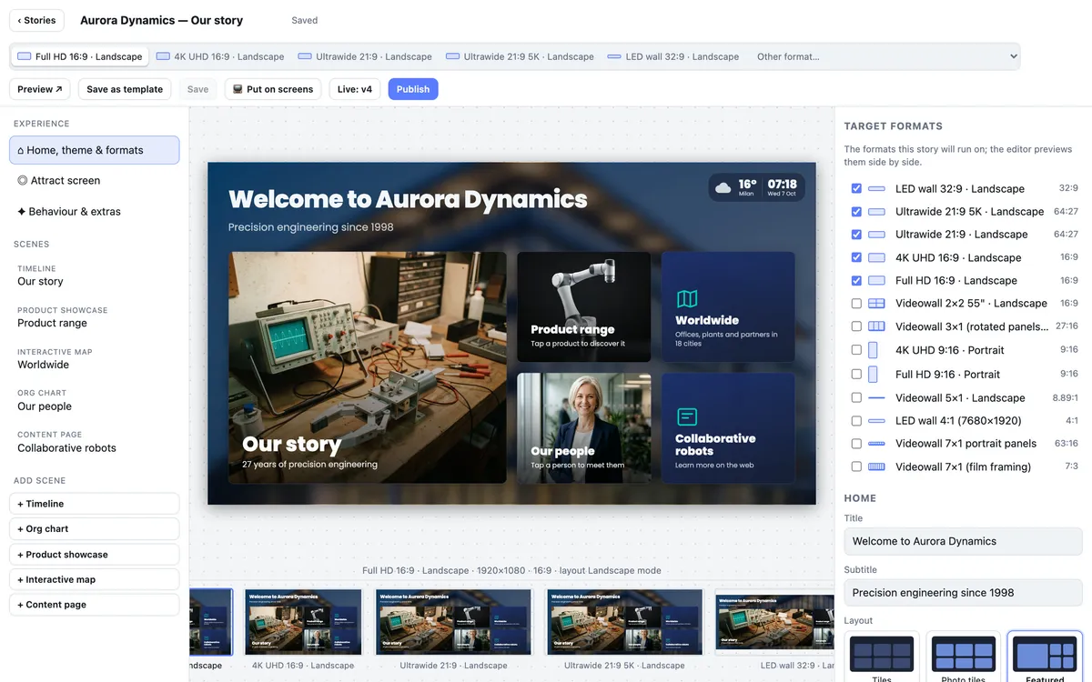 The Mago Memories editor: the scenes of a story on the left, the live preview of the home in the middle with the other screen formats underneath, the target formats and home layouts on the right.