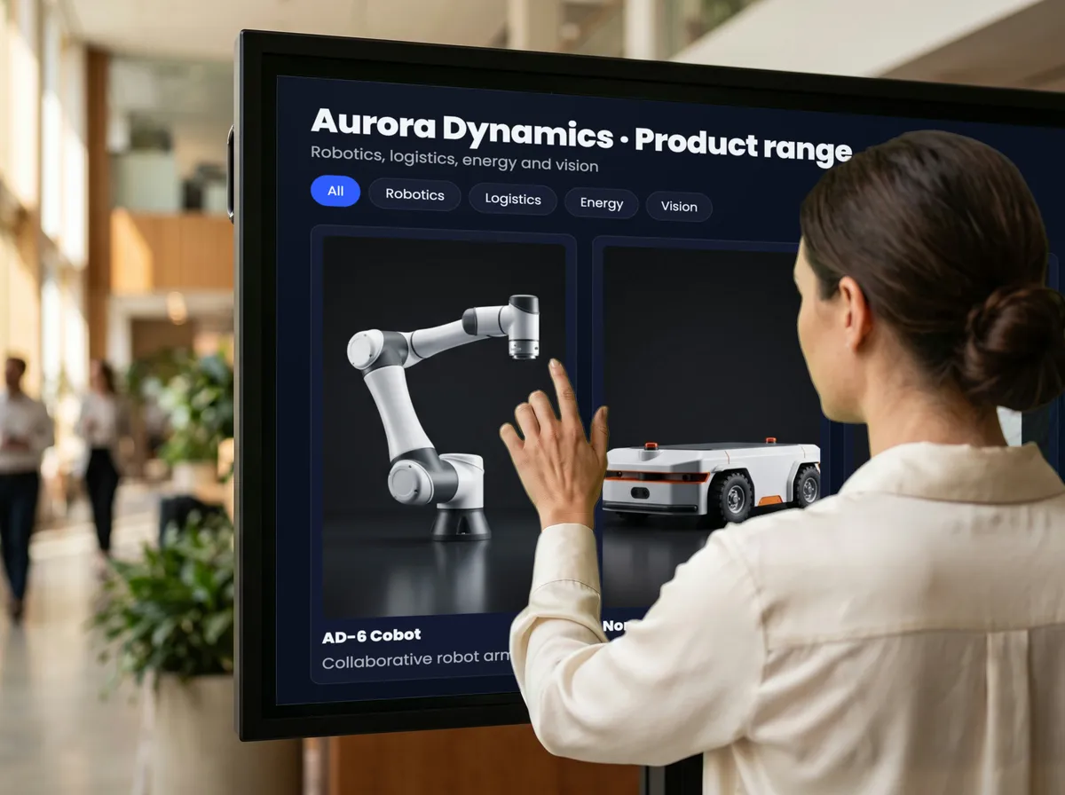 A visitor touches a product range on a touchscreen and opens the card of a collaborative robot.