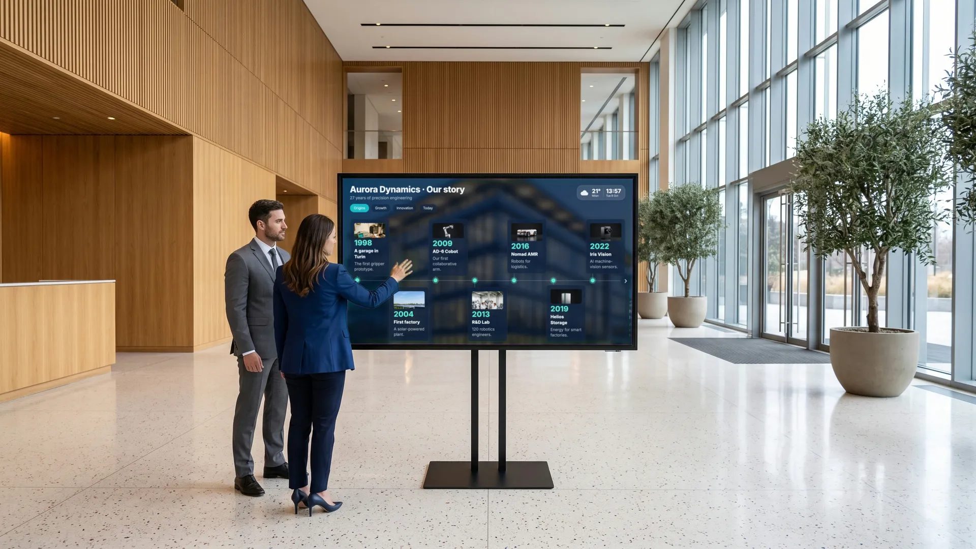 Two visitors in a bright corporate lobby touching a timeline on a large touchscreen.