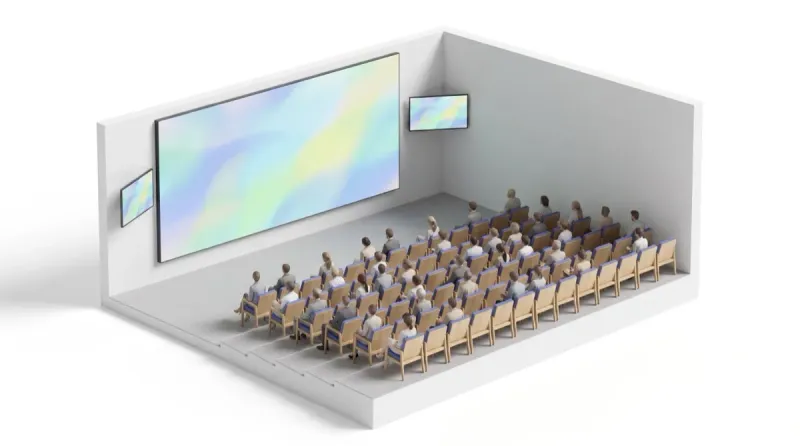 Cutaway render of a town hall auditorium: tiered rows of seats all facing a wide LED video wall, with a relay display on each side wall repeating the same content for the people sitting at the edges.