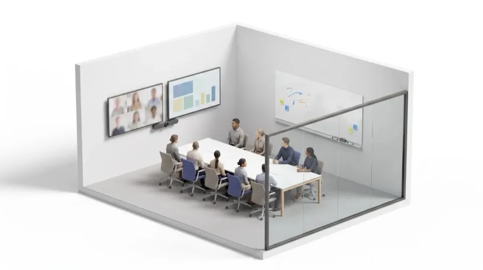 Cutaway render of a large meeting room: a long table with eight people, two side-by-side wall displays showing a video call and a presentation, a dry-erase whiteboard on the side wall.