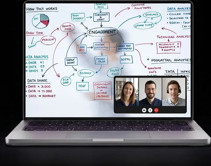 A laptop showing the captured whiteboard, live in the call, with the room camera in a small tile