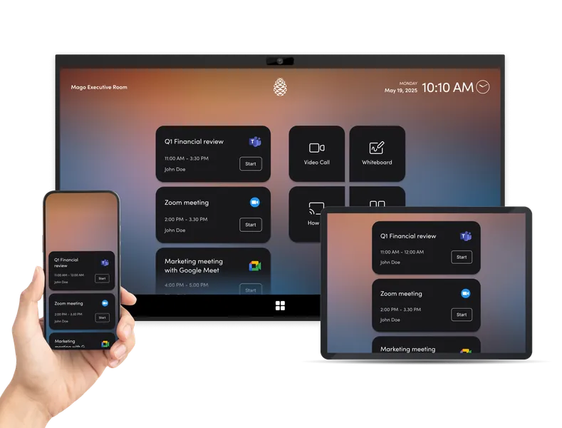 Mago Pro calendar interface displayed on a room screen, smartphone and laptop, showing one-tap join for Teams, Zoom and Google Meet meetings with seamless cross-device control.