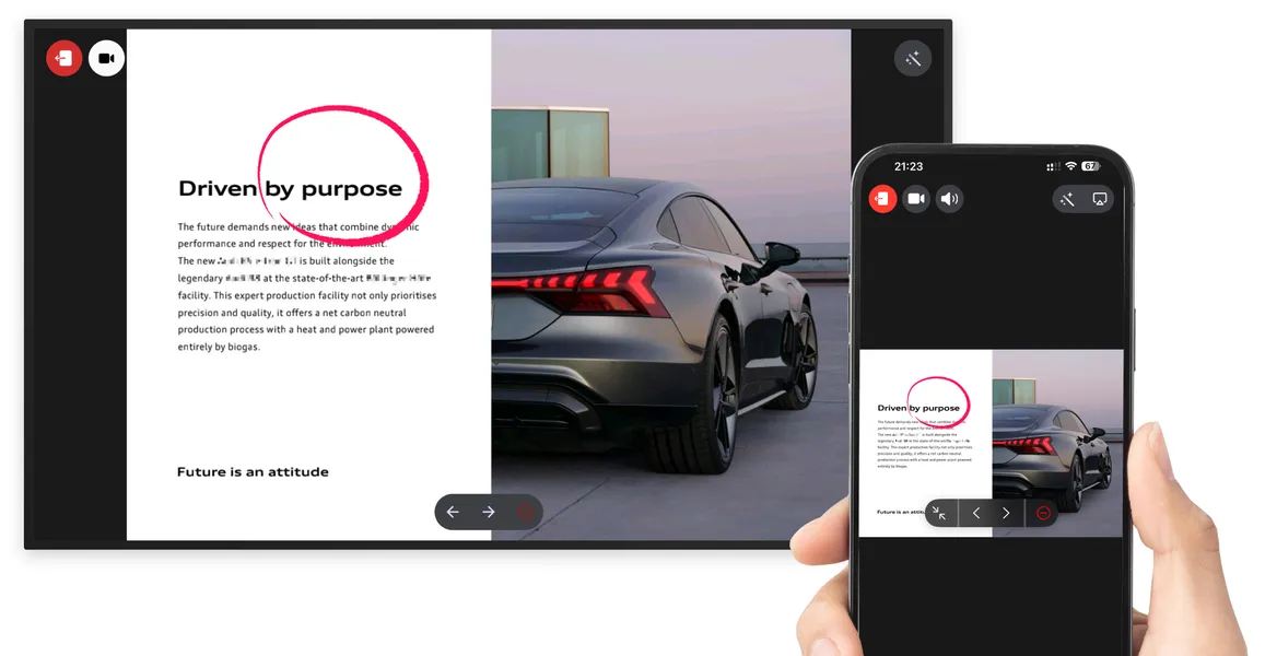 A display with a presentation controlled by a mobile device, with an annotation on the screen