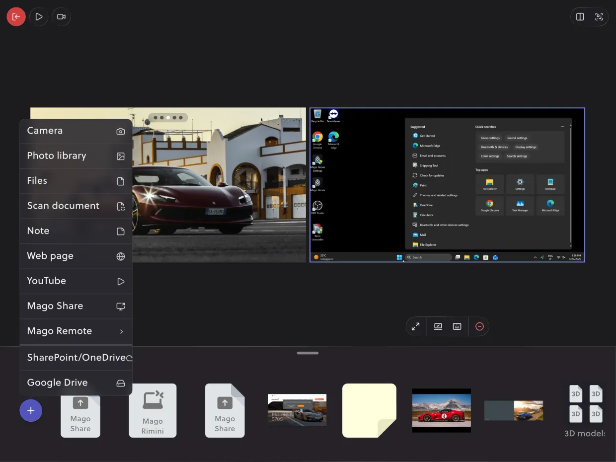 The Mago Stage console on an iPad: two live sources on the stage, a photo and a Windows workstation, the menu of what can be added (camera, photo library, files, notes, web pages, YouTube, Mago Share, cloud drives) and the content library along the bottom.