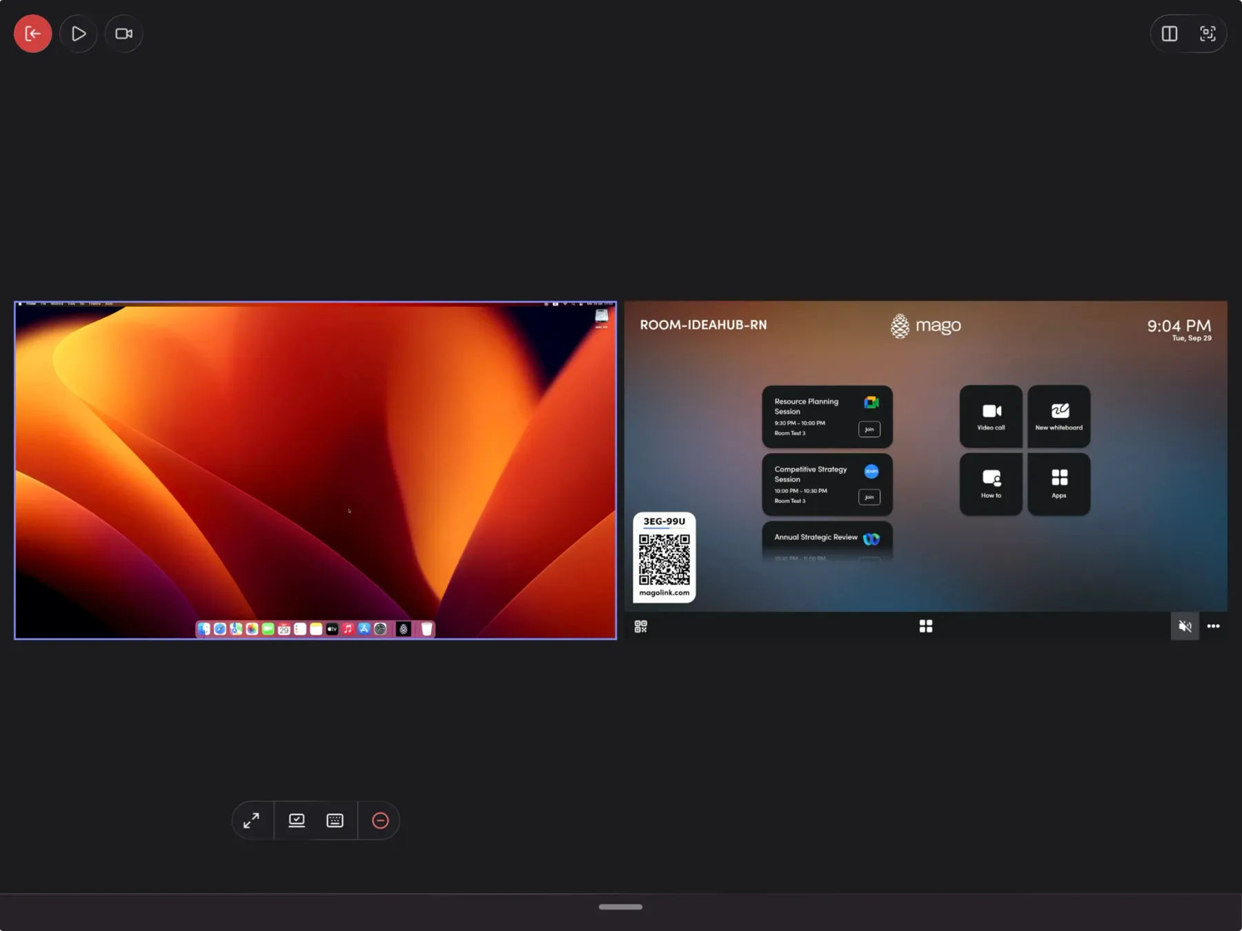 The Mago Stage console: a remote workstation running live on the stage, with the KVM controls underneath, next to the room home screen showing the day’s meetings and the join code.