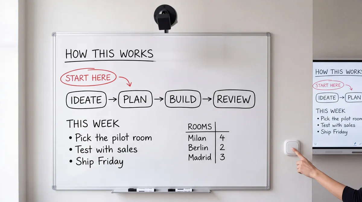 A meeting-room whiteboard covered in handwritten diagrams, a capture camera mounted on the wall above it, and a finger about to press the small white button fixed on the wall beside the board