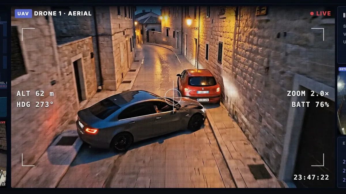 Live aerial view from a drone following a car through a narrow street at night.