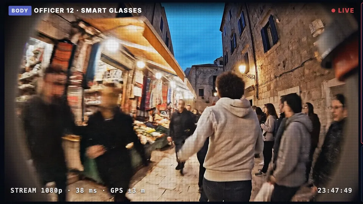 First-person view from smart glasses walking through a crowded market street.