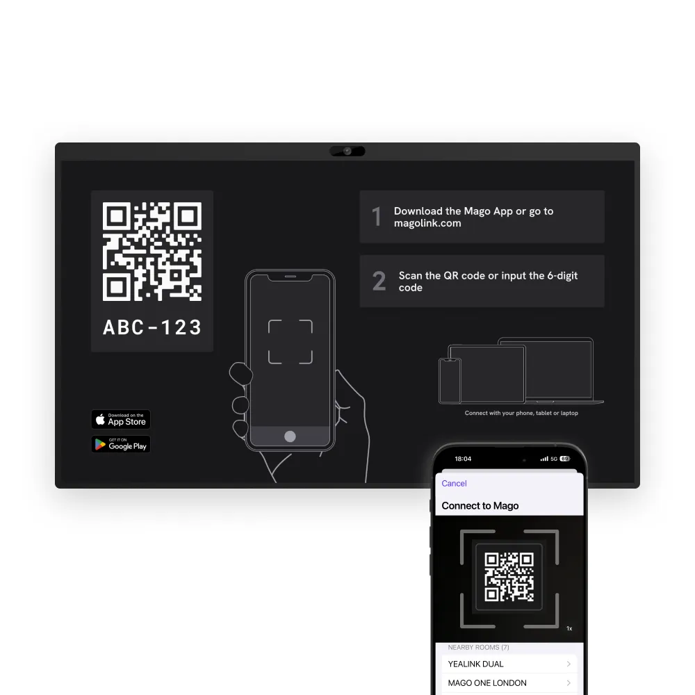 A display showing Mago Stage with a phone scanning a QR code