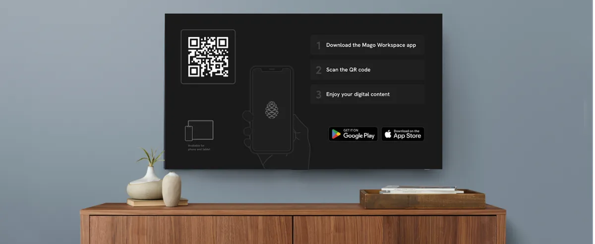 A display above a cabinet with the Mago receiver ui