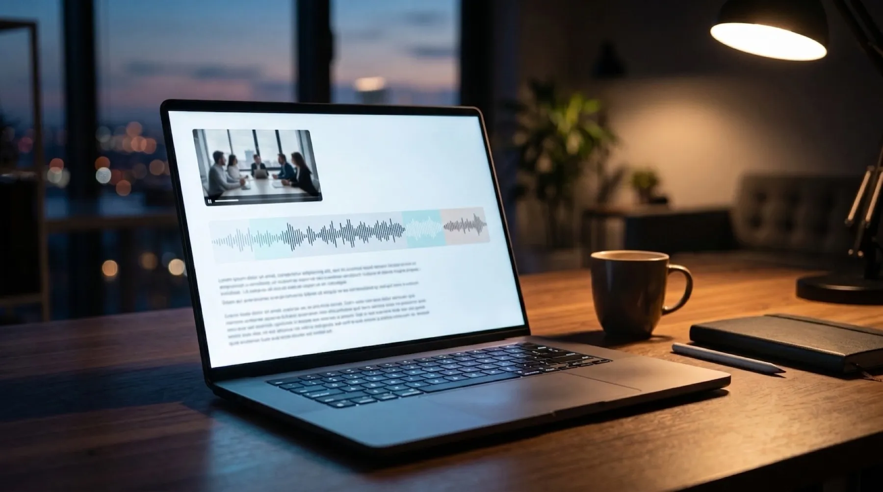 A laptop on a desk at dusk showing a meeting recording being analysed: a paused video of a meeting room, an audio waveform and blocks of transcript text.