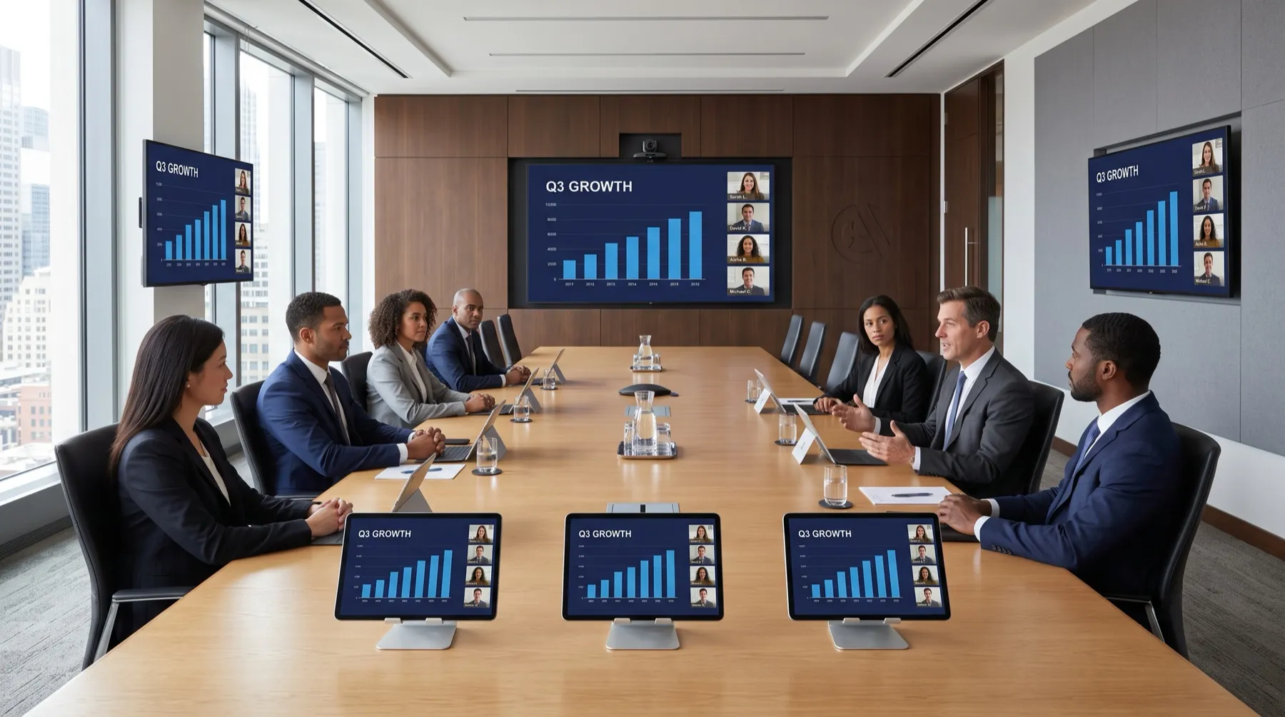 A boardroom where the main wall display, the relay monitors on the side walls and a tablet in front of every seat all show the identical live picture.