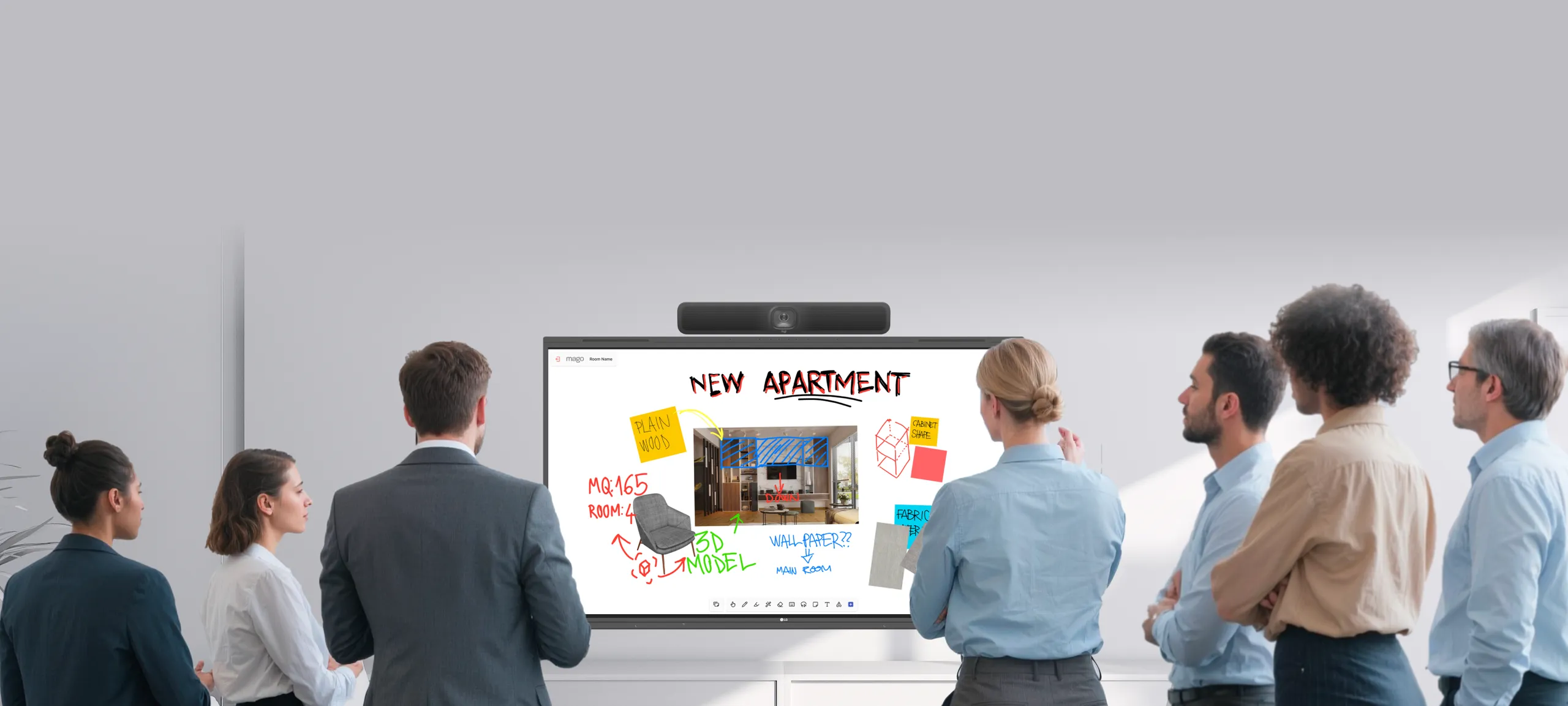 A team brainstorming on an LG CreateBoard with a Logitech MeetUp 2