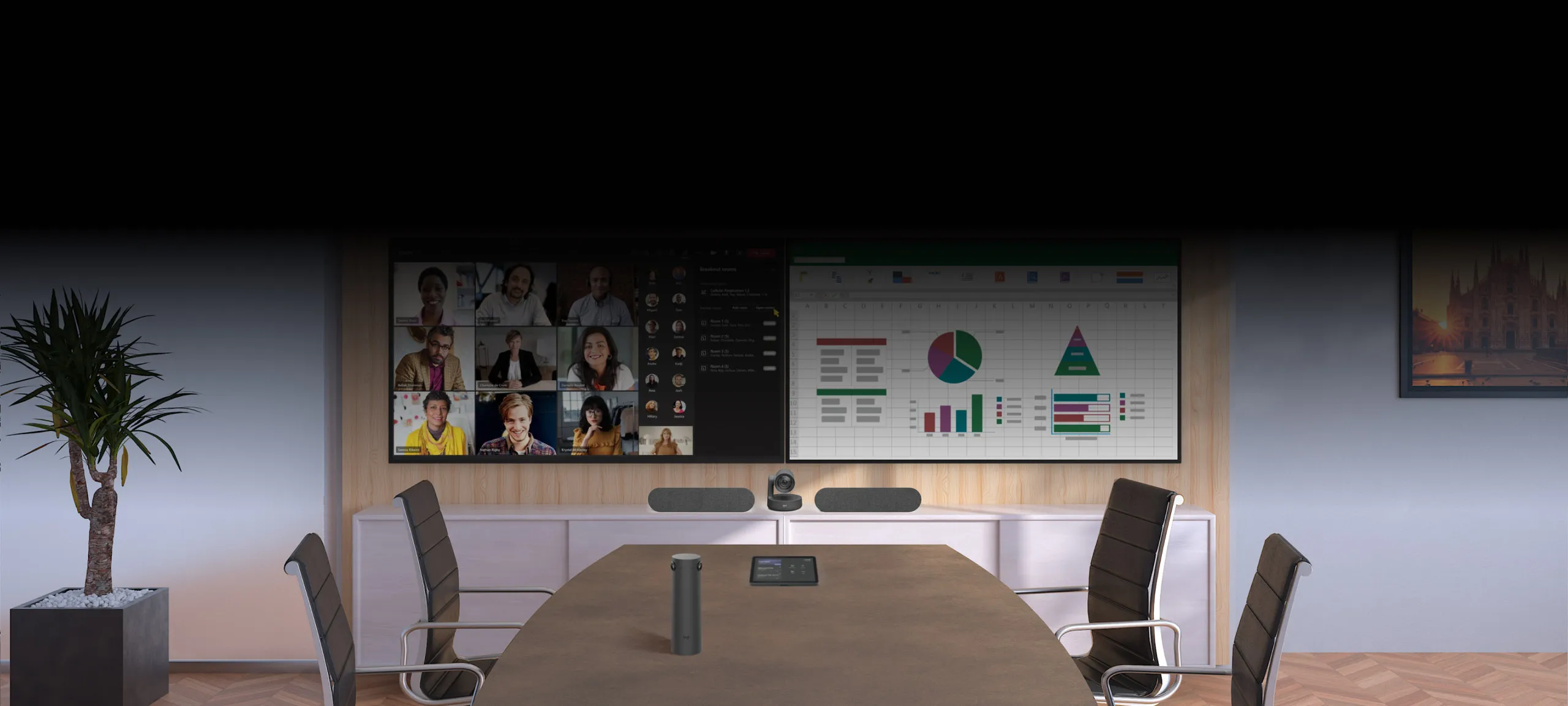 A meeting room with two displays and Logitech video conferencing hardware running Mago