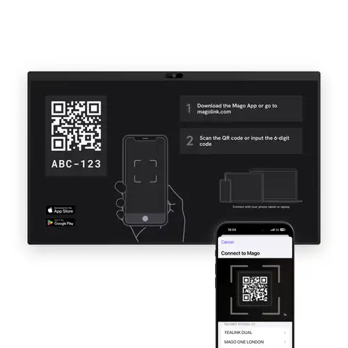 A display showing Mago Stage with a phone scanning a QR code