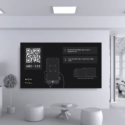 A showroom with a display and Mago Stage ui