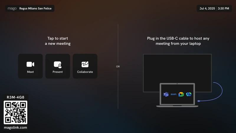 Mago for Display home screen showing quick actions to start a meeting, present or collaborate, with QR code access and USB-C BYOM connection for hosting Teams, Zoom or Google Meet calls from a laptop.