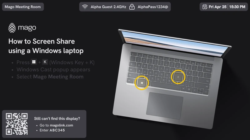 Instruction screen showing how to wirelessly screen share to a Mago meeting room from a Windows laptop using Win + K, with highlighted keys, Wi-Fi details and QR code fallback via Magolink.
