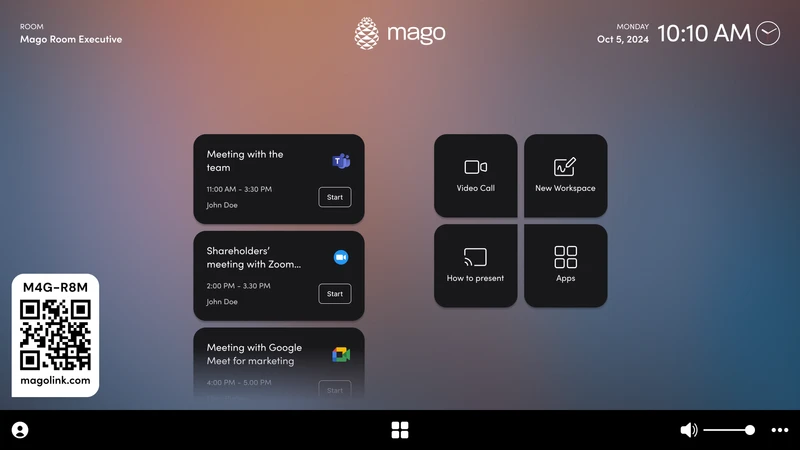 Mago Pro home interface showing room calendar with one-tap join for Teams, Zoom and Google Meet, quick actions for video calls, whiteboard and apps, plus QR code for wireless sharing via Magolink or Mago App.