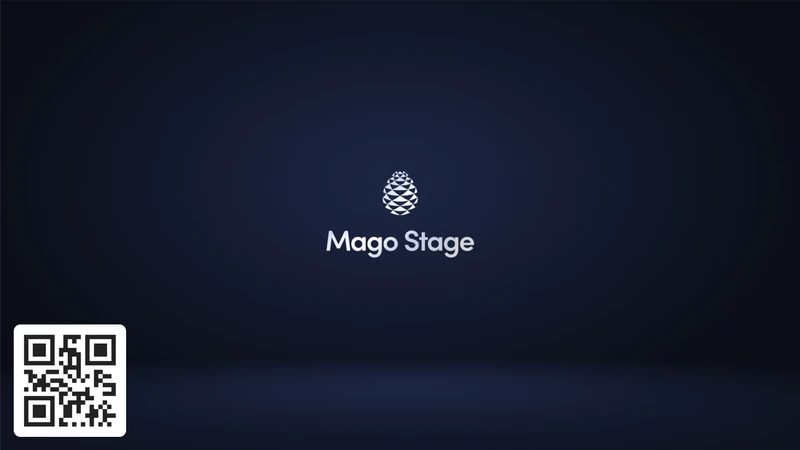 Mago Stage welcome screen with the Mago logo on a dark background and QR code for wireless access to the Mago Stage app.