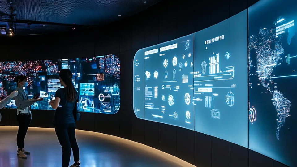 A dark briefing room with two big displays showing data in dashboards