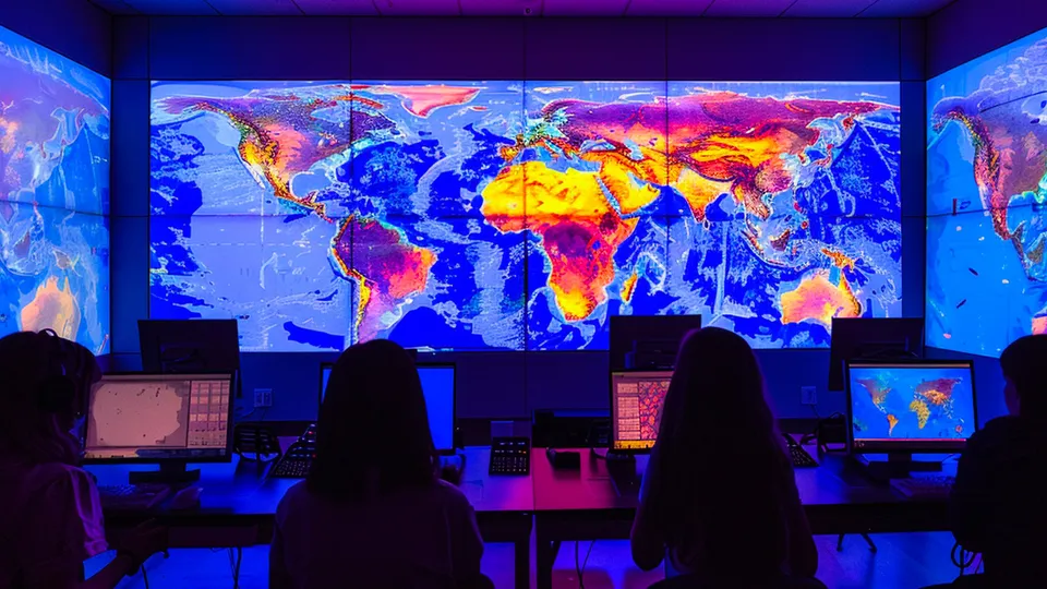 A control room with three big displays showing a map